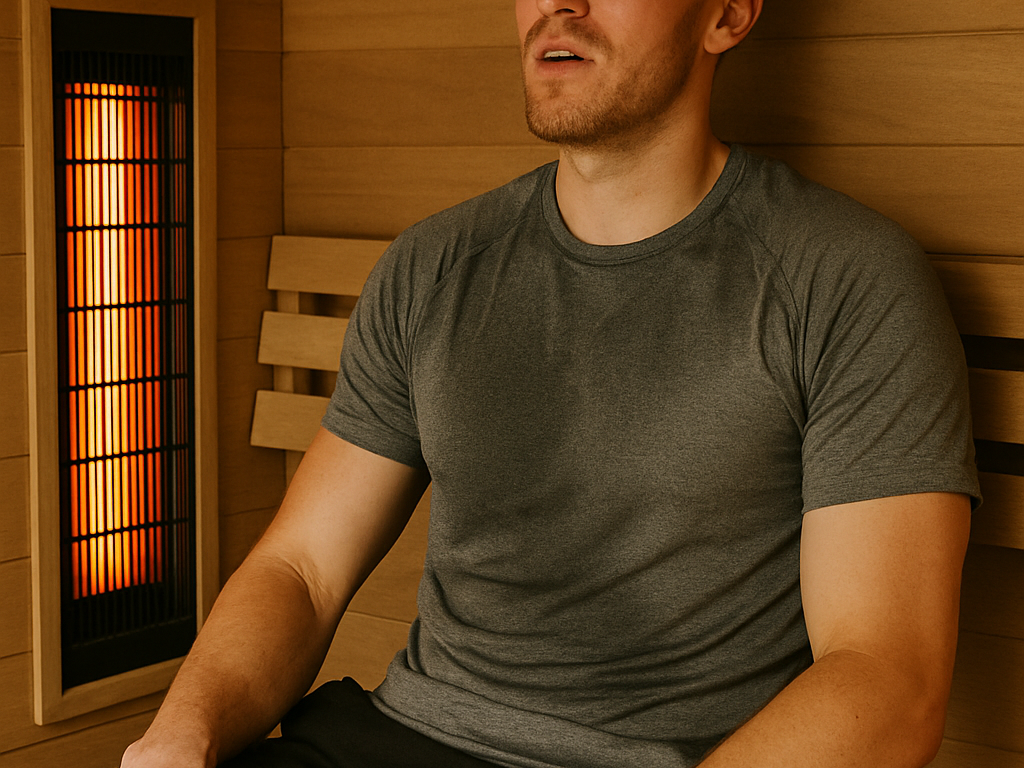 Man sitting in an infrared sauna, relaxed expression, with glowing red infrared heater in the background, emphasizing wellness and natural health solutions.