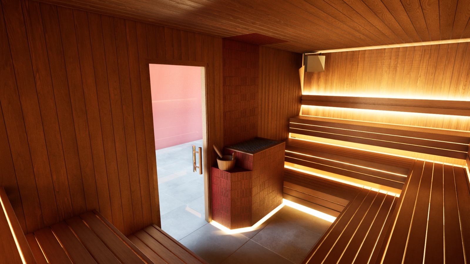 Luxury indoor sauna interior with wooden walls, benches, and ambient lighting, featuring a stone heater and wooden bucket, designed for wellness and relaxation.