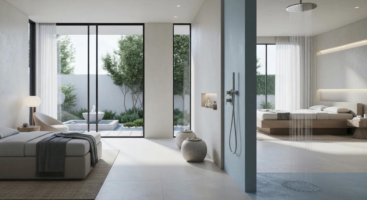 Luxury home spa interior featuring a modern shower, serene bedroom with natural light, and a private outdoor space with a soaking tub, emphasizing wellness and relaxation.