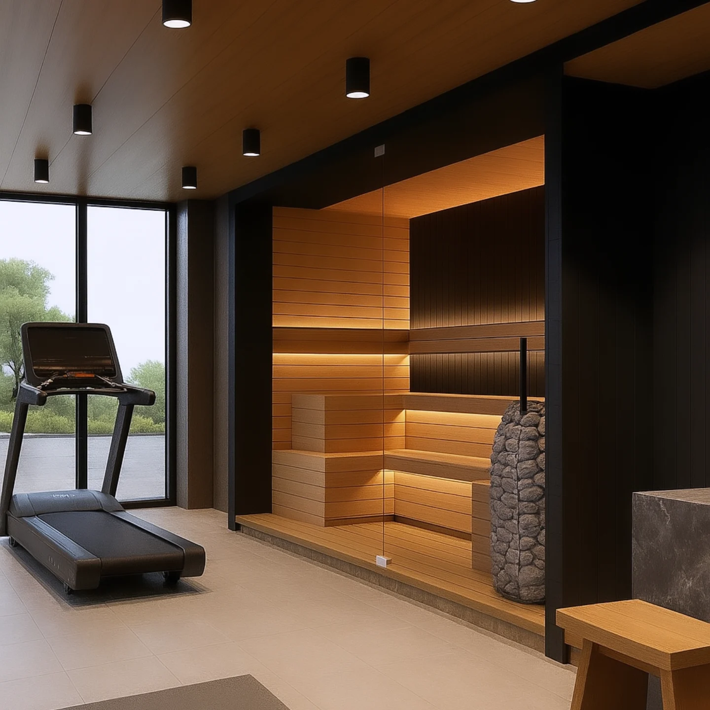 Modern indoor sauna with sleek wooden benches, soft LED lighting, and a stone heater, complemented by a treadmill and large windows for a wellness-focused home environment.