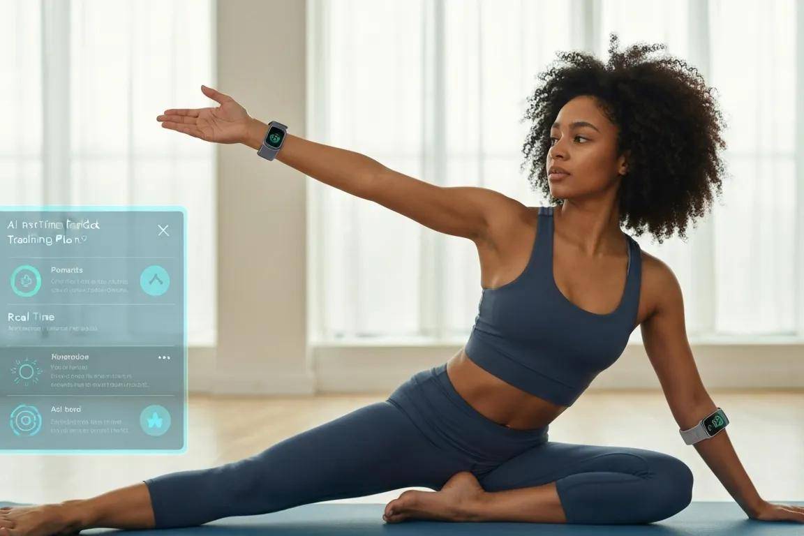Woman in athletic wear performing a yoga pose in a bright room, with a smartwatch displaying real-time training data, emphasizing wellness and fitness.