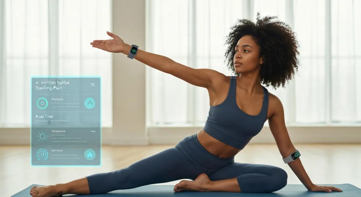 Woman practicing yoga with an AI-powered wearable device, demonstrating personalized training features in a bright, serene environment.
