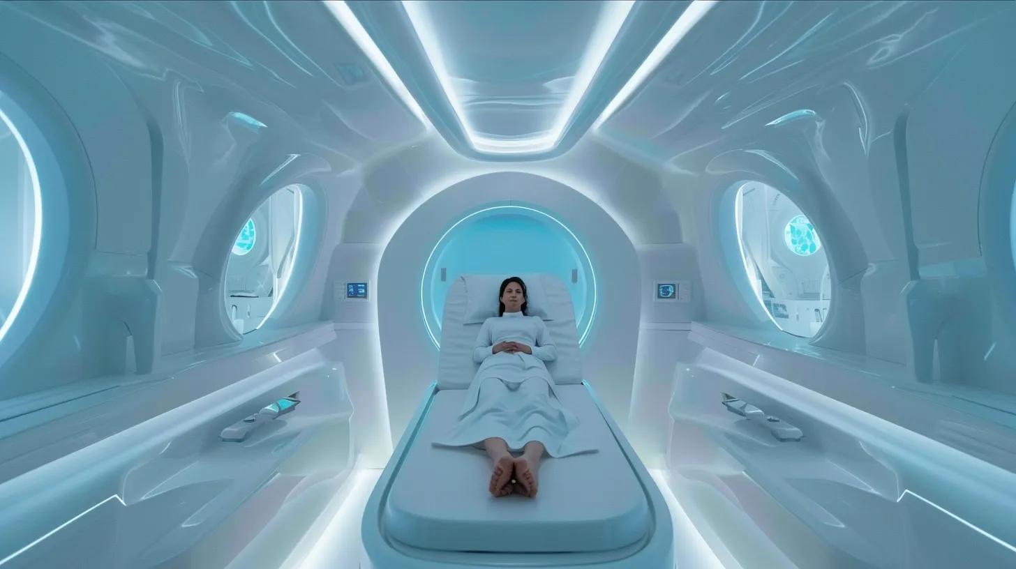 Woman relaxing on a sleek treatment bed in a futuristic wellness pod, surrounded by soft blue lighting and advanced technology, illustrating luxury home spa experiences and innovative health therapies.