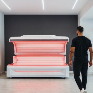 Man approaching a red light therapy bed in a modern wellness facility, showcasing the equipment used for skin rejuvenation and muscle recovery.