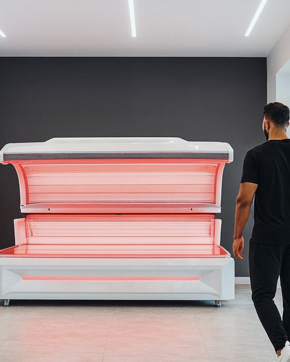 Man approaching a red light therapy bed in a modern wellness space, emphasizing indoor sauna and relaxation benefits.
