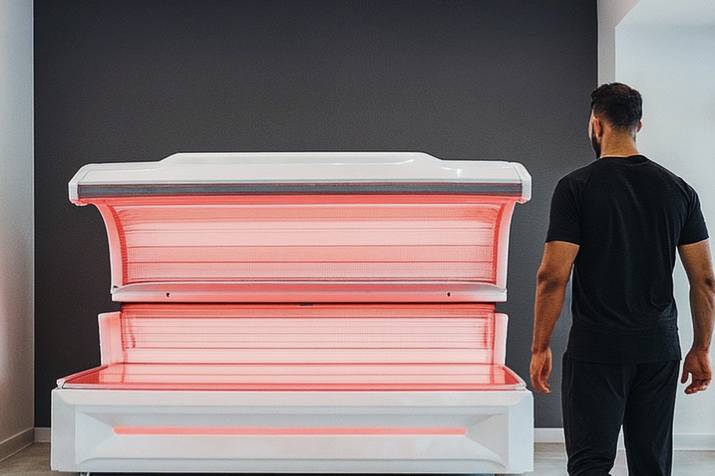 Man standing in front of an infrared sauna with red light therapy features, emphasizing wellness benefits related to infrared saunas.