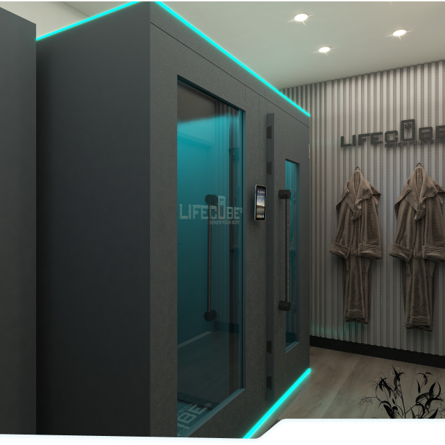 LifeCube cryotherapy chamber with modern design, LED lighting, and adjacent robes, emphasizing wellness and recovery solutions by Ember & Ice.