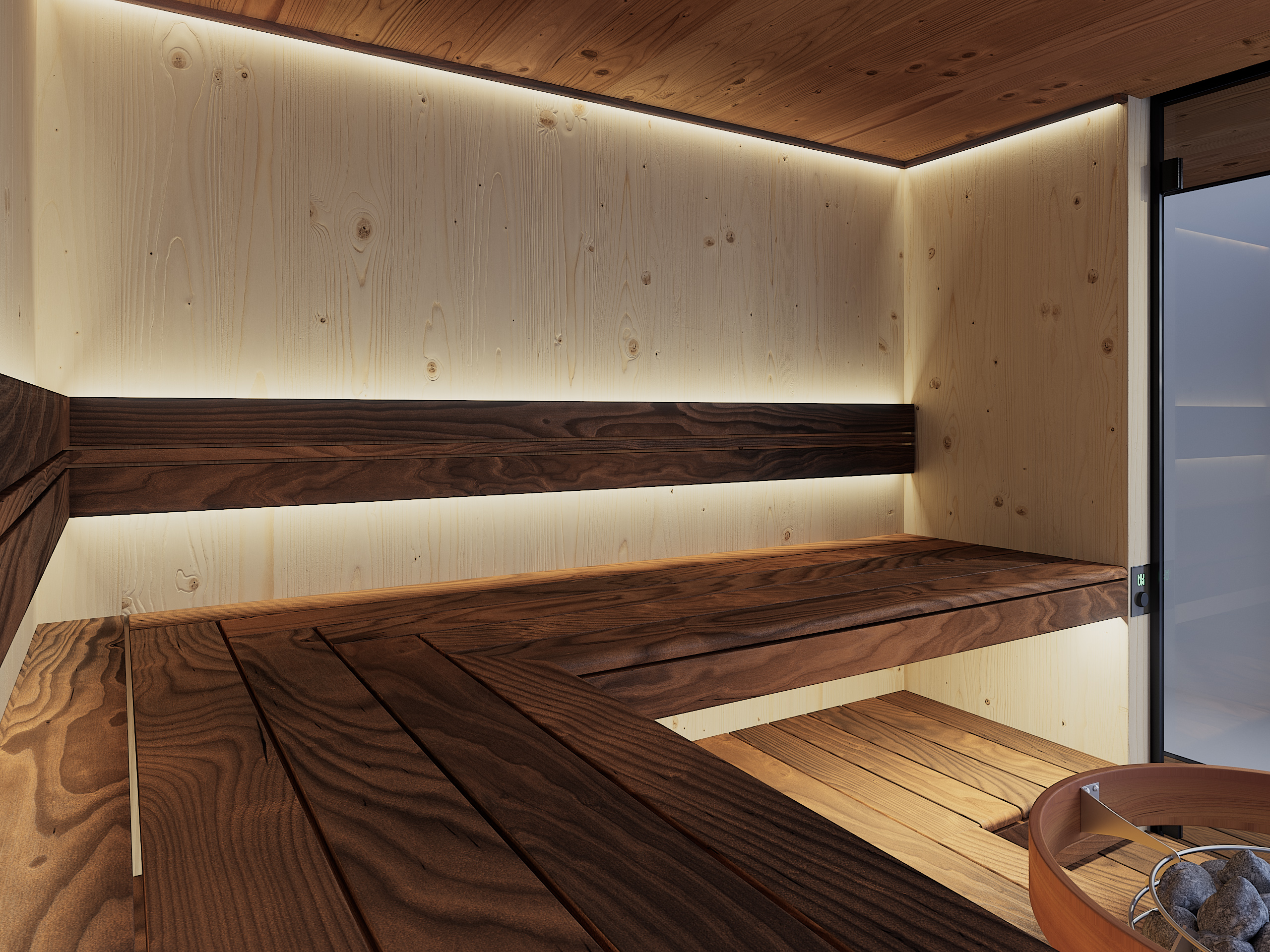 Interior of a modern outdoor sauna featuring warm wooden tones, LED mood lighting, and sleek design elements, emphasizing wellness and relaxation.