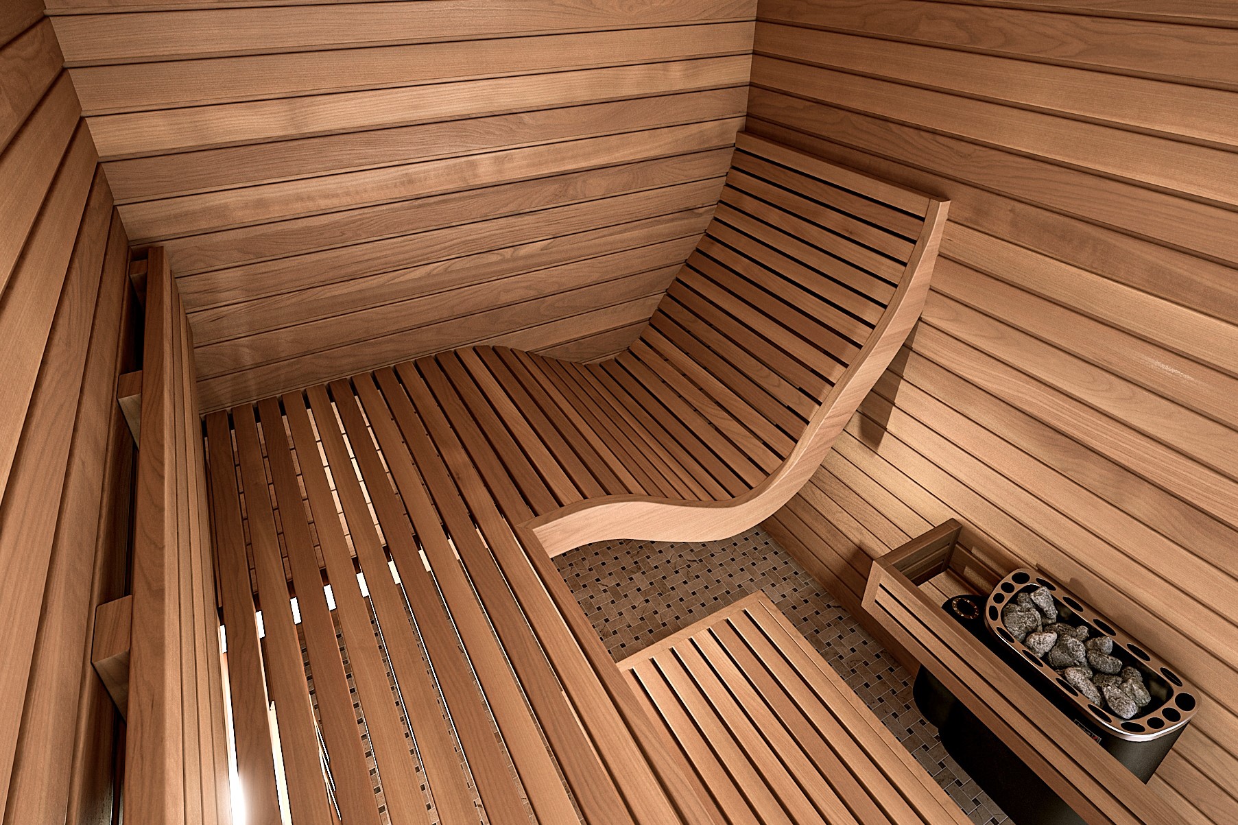 Interior view of a modern indoor sauna featuring smooth wooden slats, a curved bench for relaxation, and a compact stove with stones, emphasizing wellness and design.