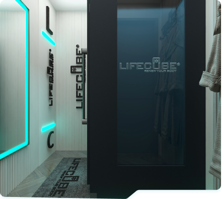 Interior view of a LifeCube cryotherapy chamber entrance, featuring sleek design elements, illuminated accents, and branding that emphasizes wellness and recovery.