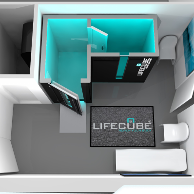 LifeCube cryotherapy chamber design showcasing dual chambers, sleek black exterior, and turquoise accents, emphasizing advanced wellness technology and safety features.