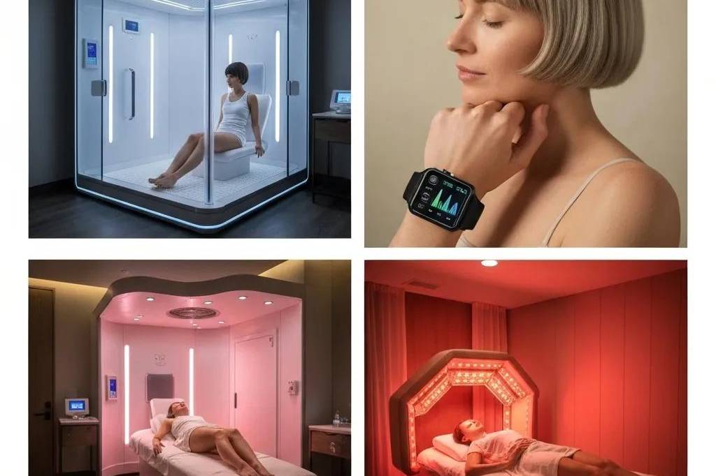 Diverse biohacking techniques in a luxury wellness setting, showcasing advanced therapies
