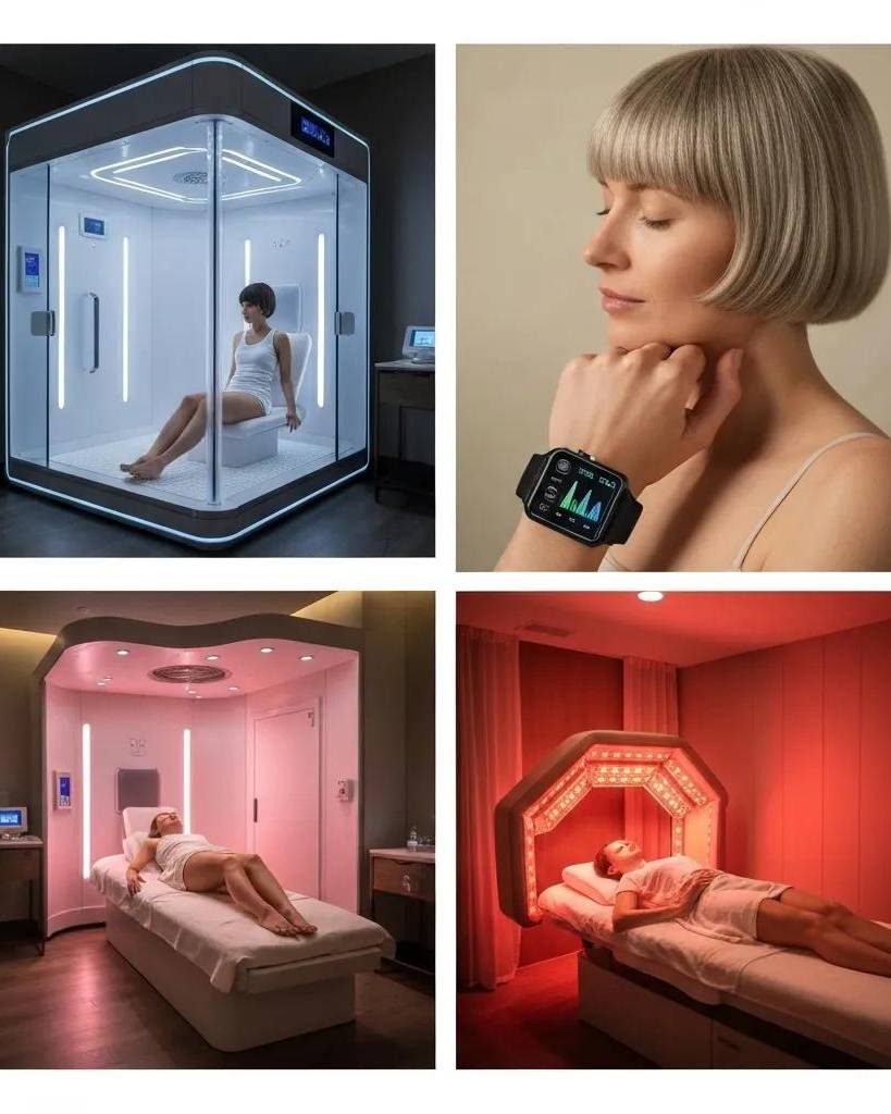 Diverse biohacking techniques in a luxury wellness setting, showcasing advanced therapies