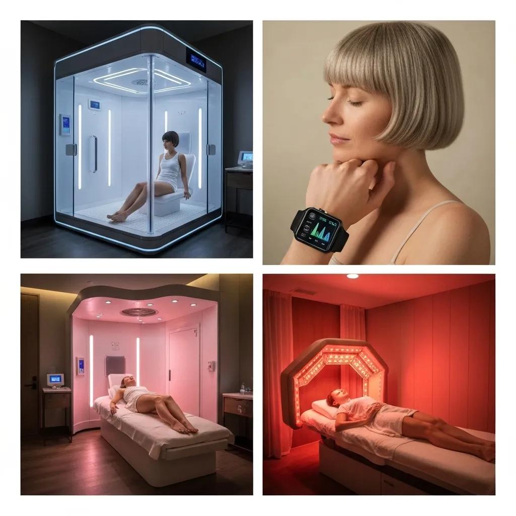 Diverse biohacking techniques in a luxury wellness setting, showcasing advanced therapies
