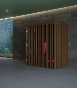 Infrared sauna cabin with wooden slats and red light therapy features, designed for muscle recovery and relaxation at Ember and Ice Wellness.