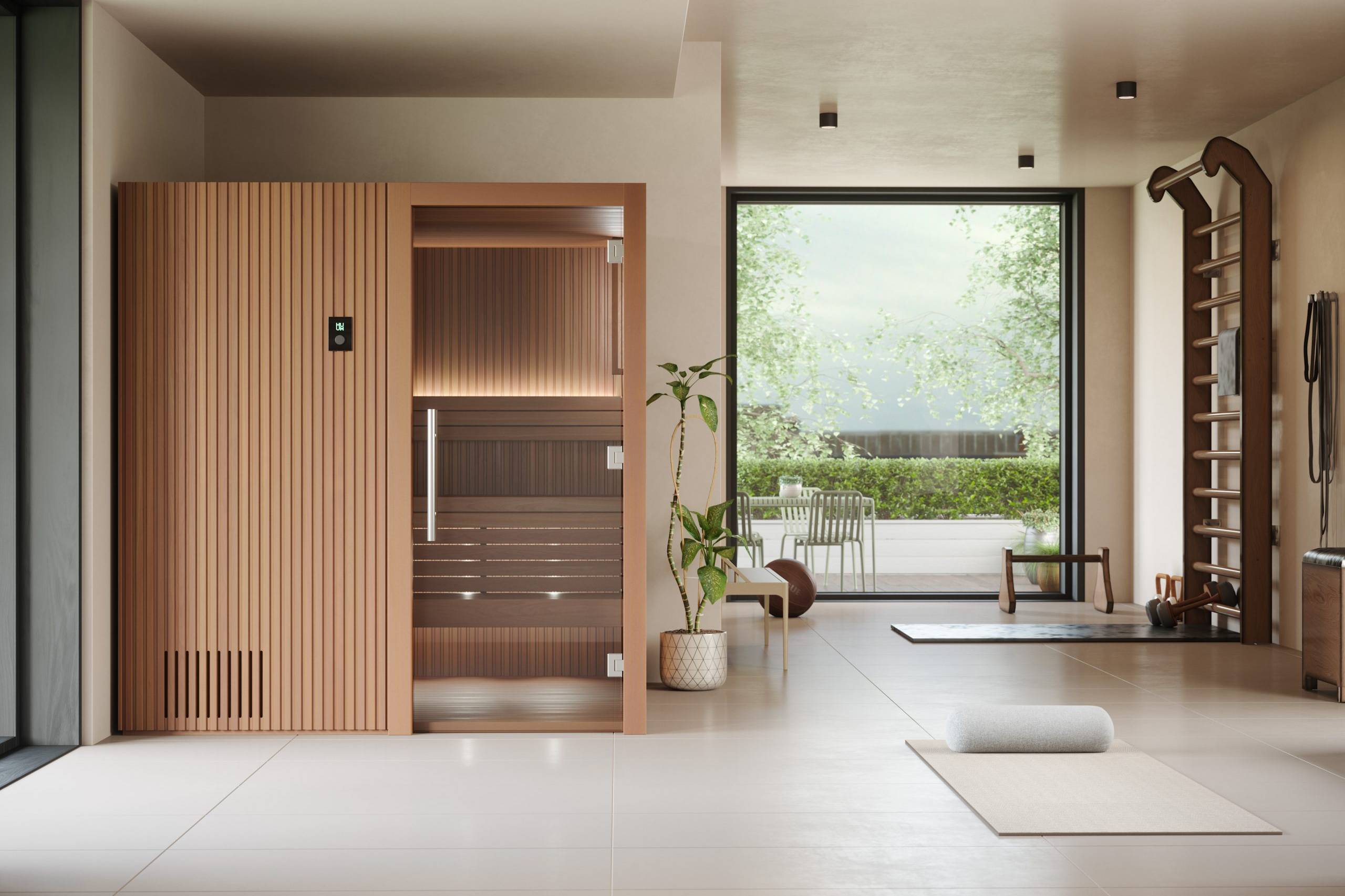 Indoor sauna with wooden paneling, integrated lighting, and modern design, surrounded by a spacious wellness area featuring exercise mats and a view of an outdoor garden.
