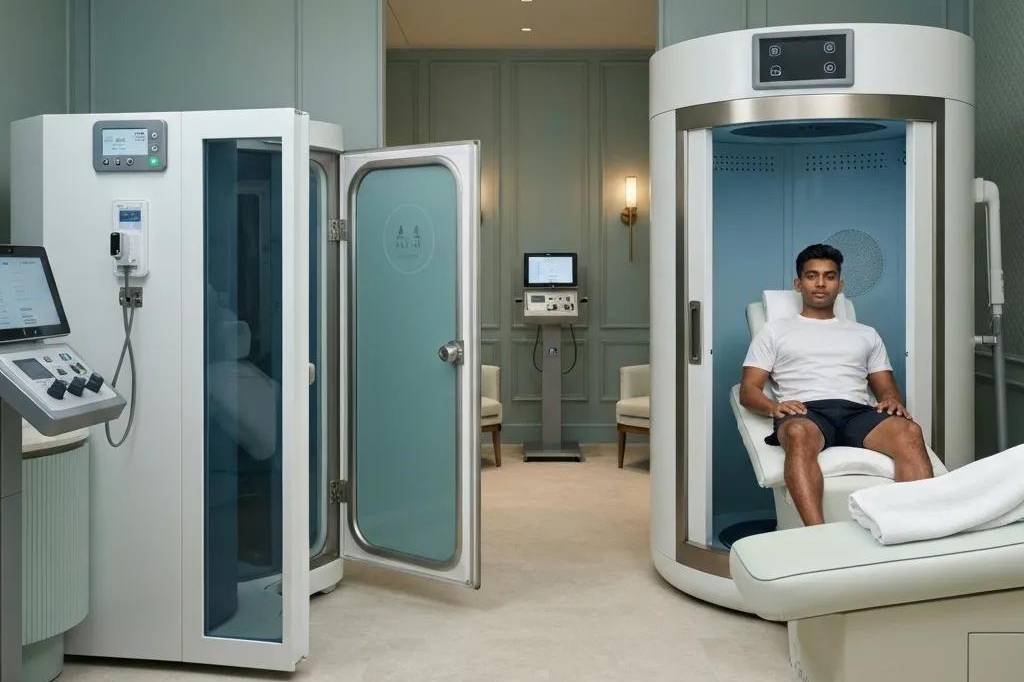 Luxury biohacking spa with advanced wellness equipment and serene atmosphere