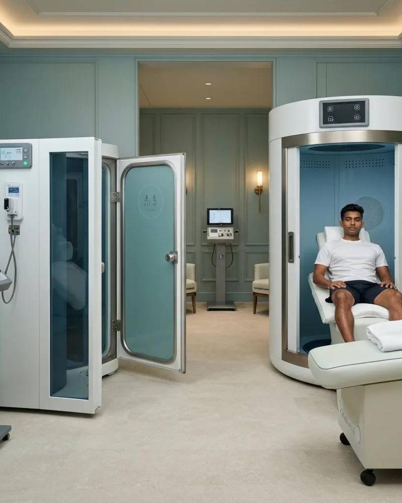 Luxury biohacking spa with advanced wellness equipment and serene atmosphere