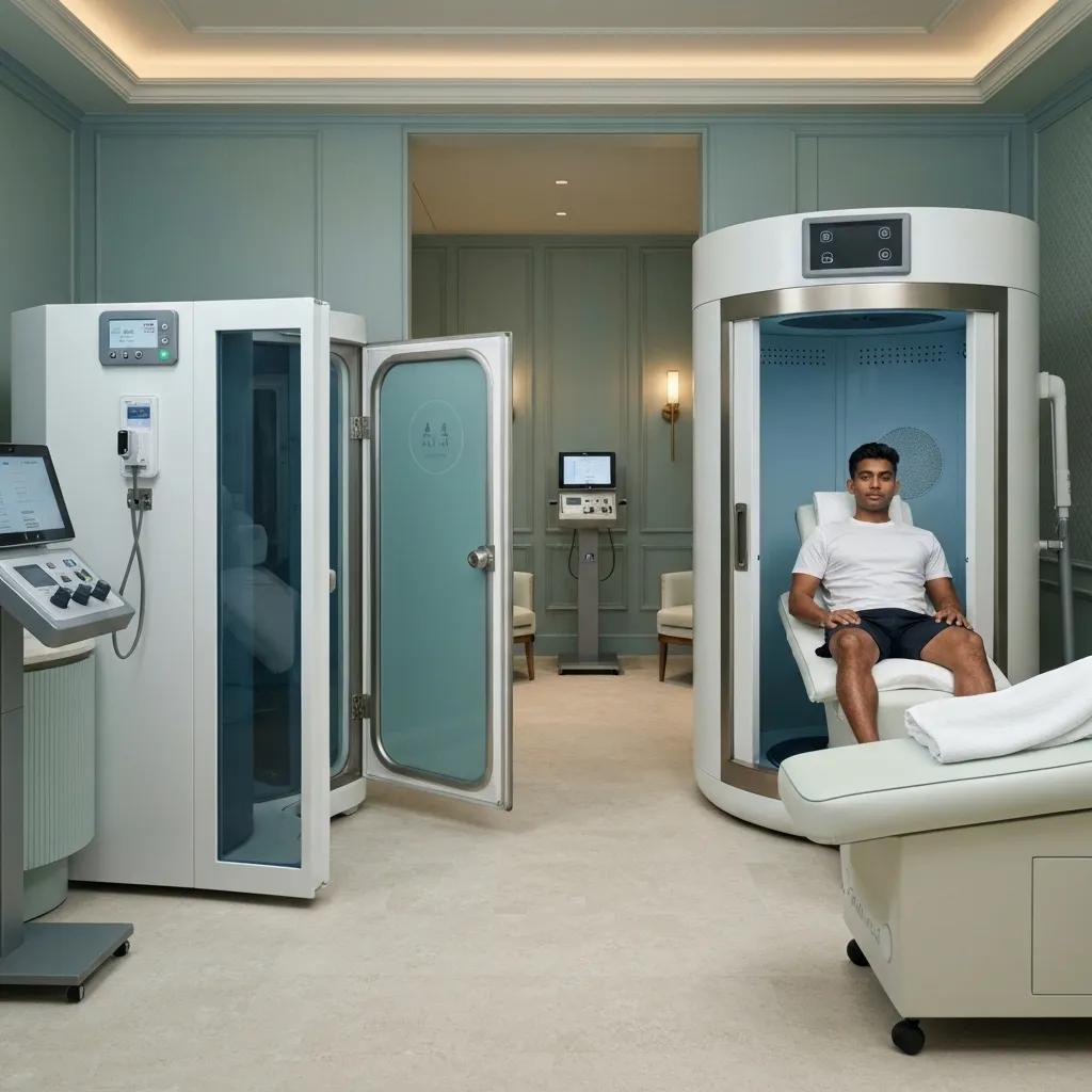 Luxury biohacking spa with advanced wellness equipment and serene atmosphere